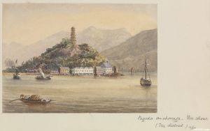 1868年12月，艺术家James Henry Butt绘制的水彩画，题为“罗星塔，福州（产茶区）“（来源：英国格林威治皇家博物馆）