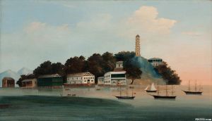 1855年绘制的布面油画上的罗星塔，油画标注为“福州锚地和罗星塔，闽江”（来源：Vallejo画廊，原为Edwin Chase船长及家族藏品）