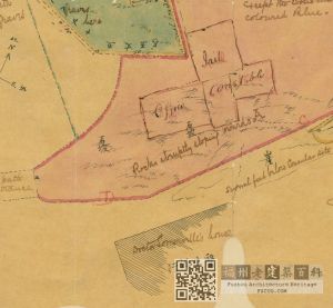 1870年英国驻福州副领事馆扩界平面图，此时本建筑已建成，并标注为“医生洋行”（来源：英国国家档案馆）